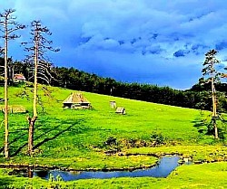 Златни сат изнад златиборских брда и ушушканих кућа  Сеоска стаза прекривена опалим лишћем између дрвених ограда  Дим који се вије из оџака старе куће у хладно јутро  Планински сутон са силуетама борова и сеоских колиба  Мирна сеоска улица која води ка шуми и пашњацима