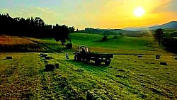 Снопови сена поређани по ливадама спремни за зиму  Идила сеоског јутра са росом на трави и миром у ваздуху  Осећај спокоја на клупи испод старог бора са погледом на долину